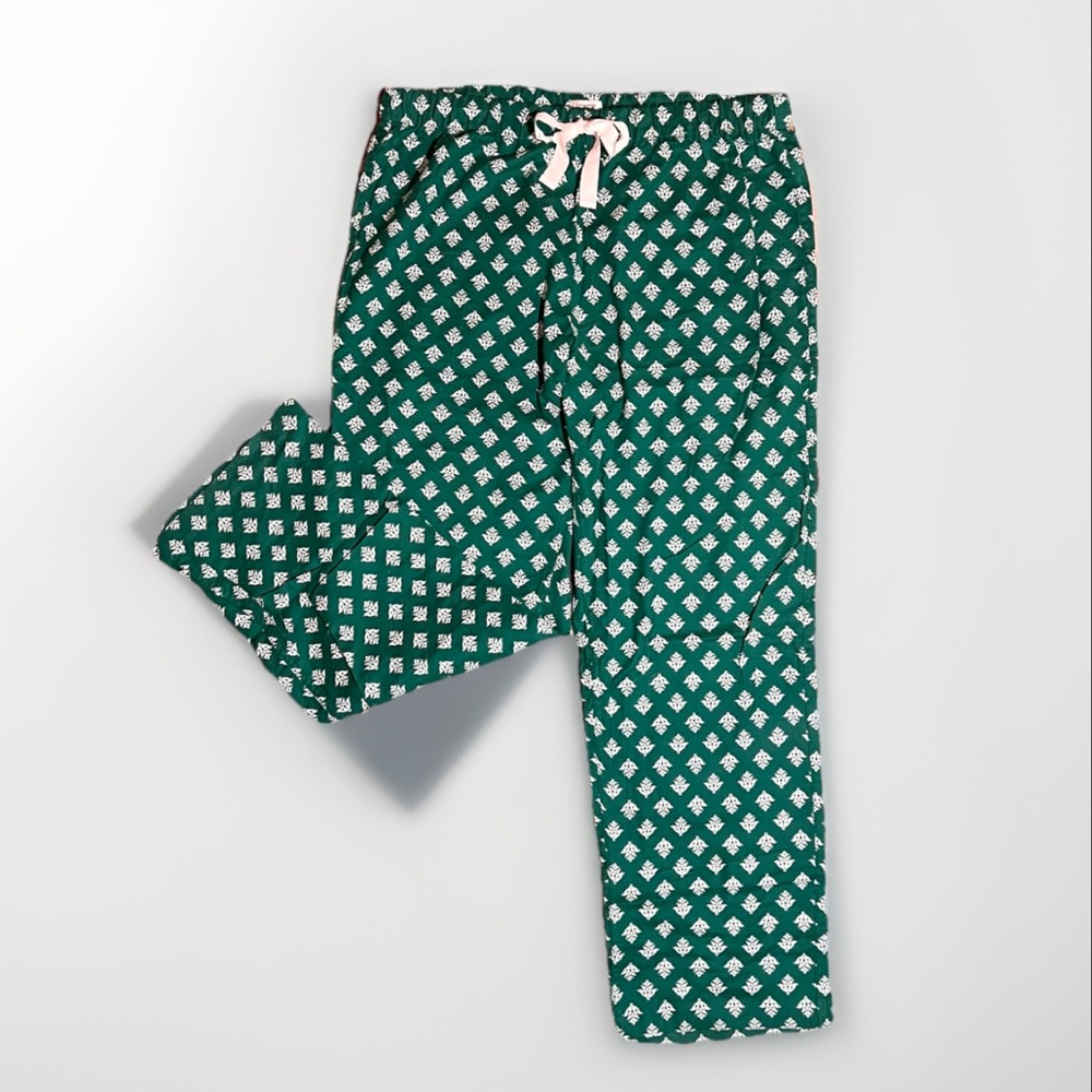 J.Crew Soft Flannel Pajama Pants Green Print Drawstring Waist